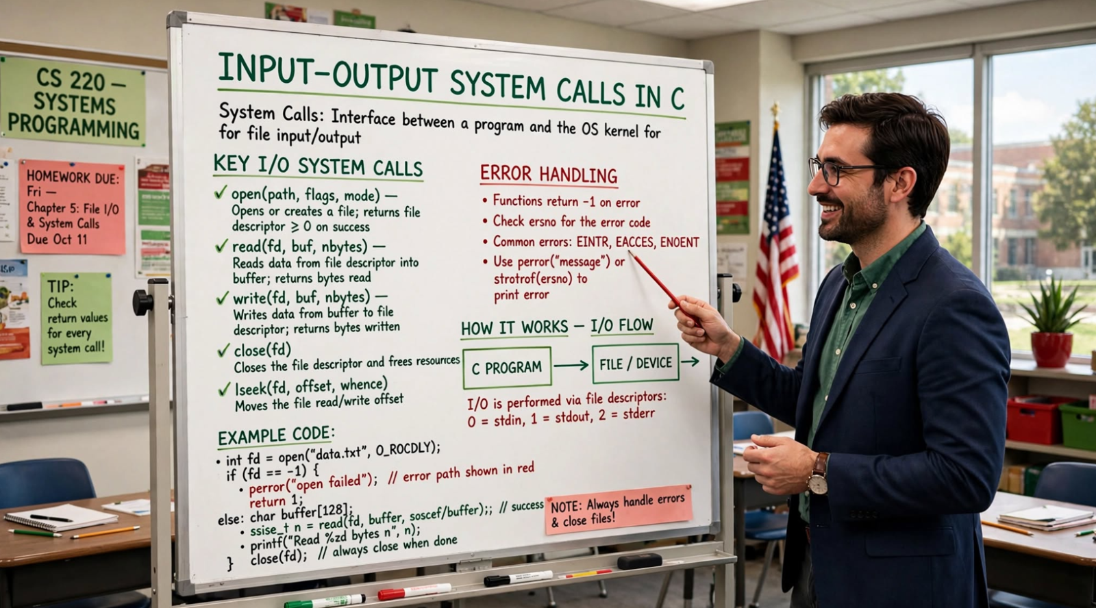 Learn C I/O system calls: creat, open, close, read, and write. Master file descriptors and low-level file operations with examples.