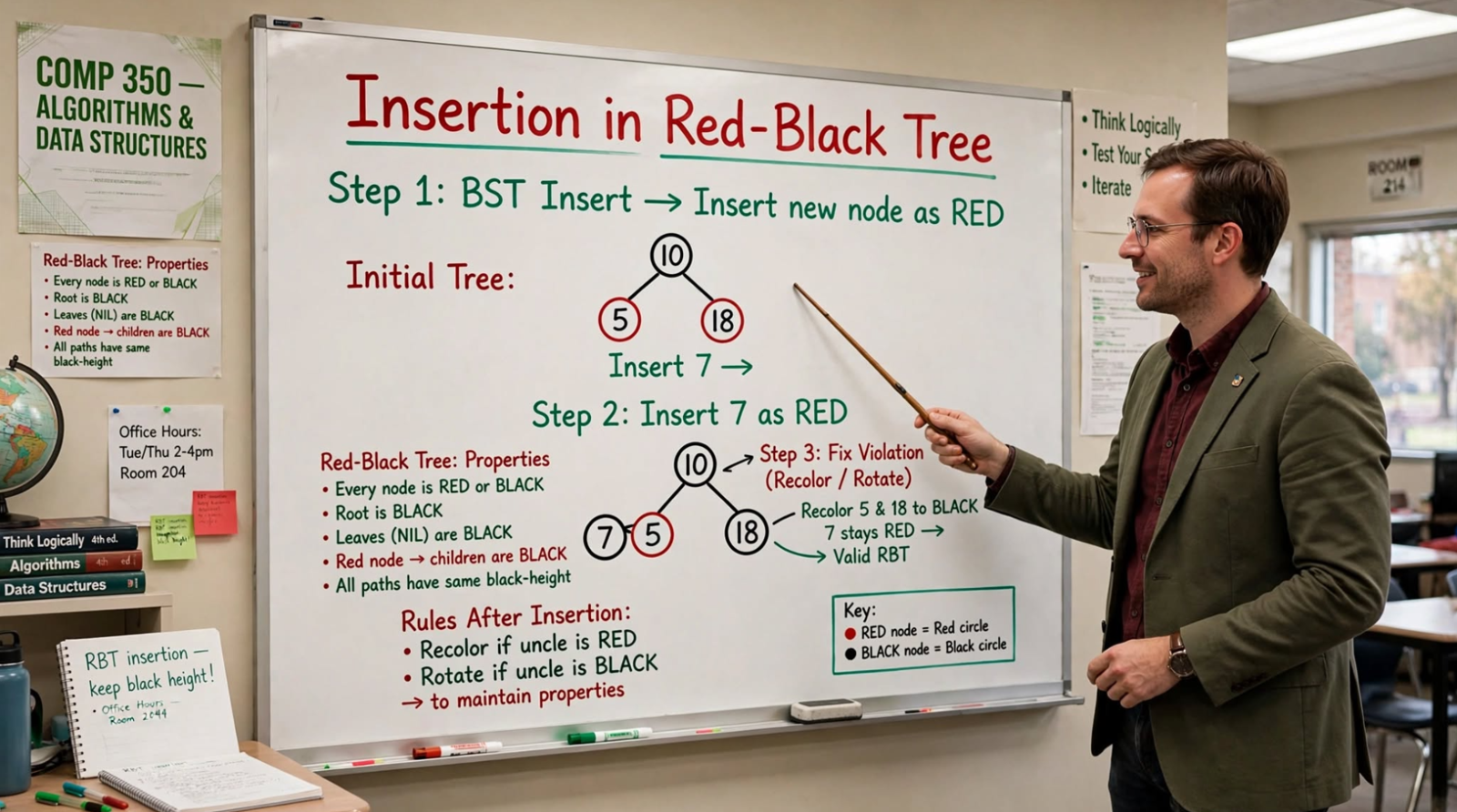 Learn Red-Black Tree insertion: algorithm, recoloring, LL/LR/RR/RL rotations, and complete C implementation. Master self-balancing trees.