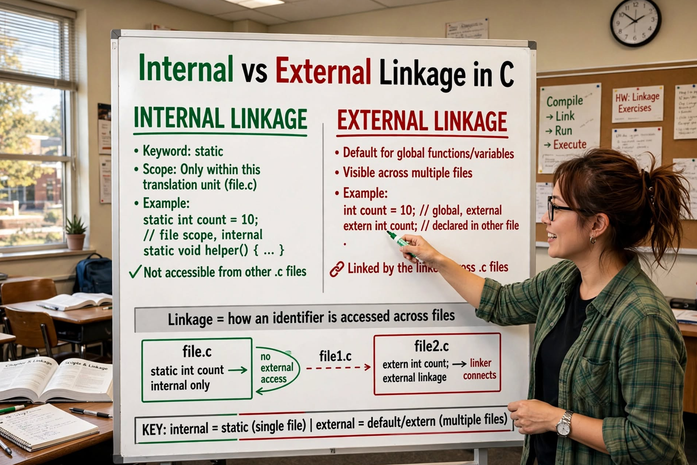 Learn C linkage: internal (static), external (extern), and no linkage. Master multi-file programming and prevent name collisions.