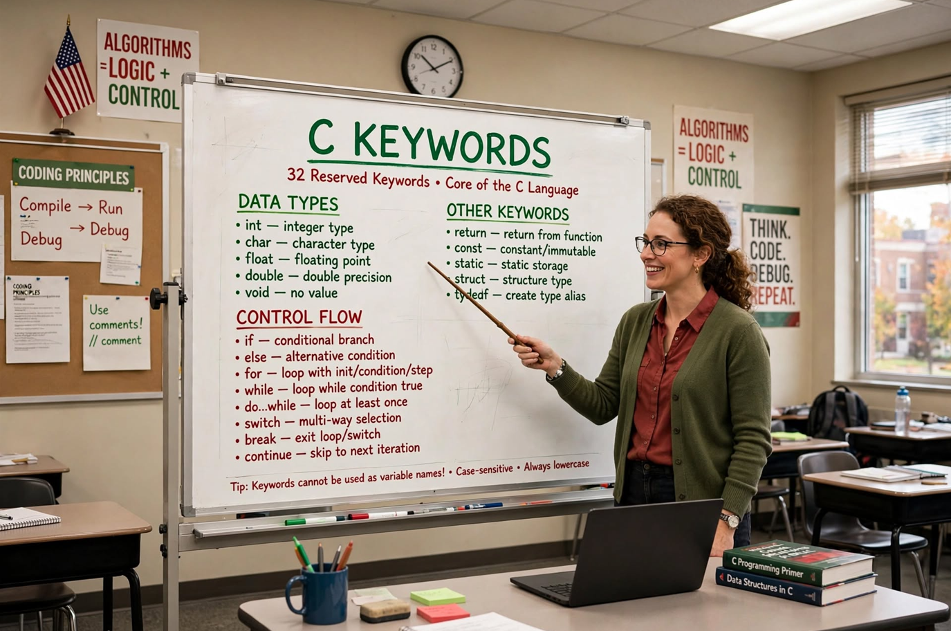 Learn C keywords: categories, rules, and examples. Master data types, control flow, storage classes, and qualifiers. Avoid common pitfalls in C programming.
