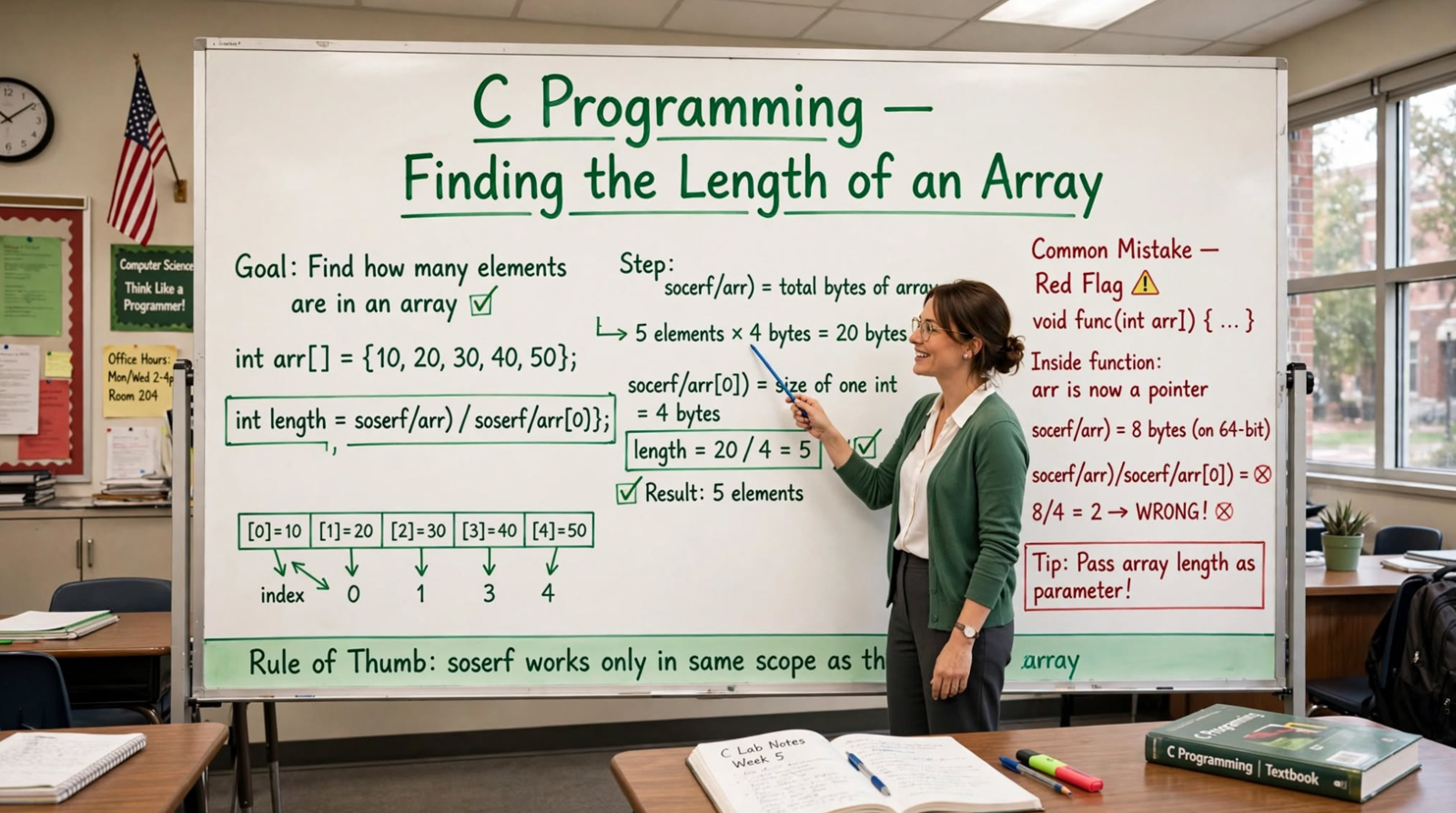 Learn to find array length in C using sizeof, pointer arithmetic, and macros. Understand array decay and avoid common pitfalls.