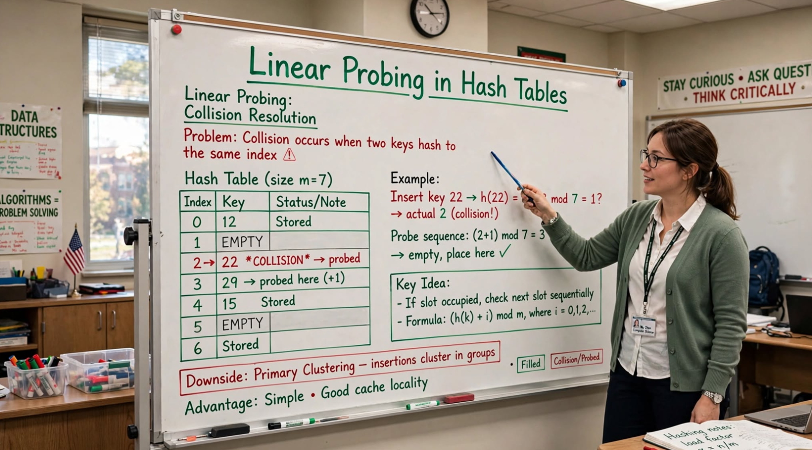 Teacher pointing to whiteboard chart about linear probing in hash tables in a classroom