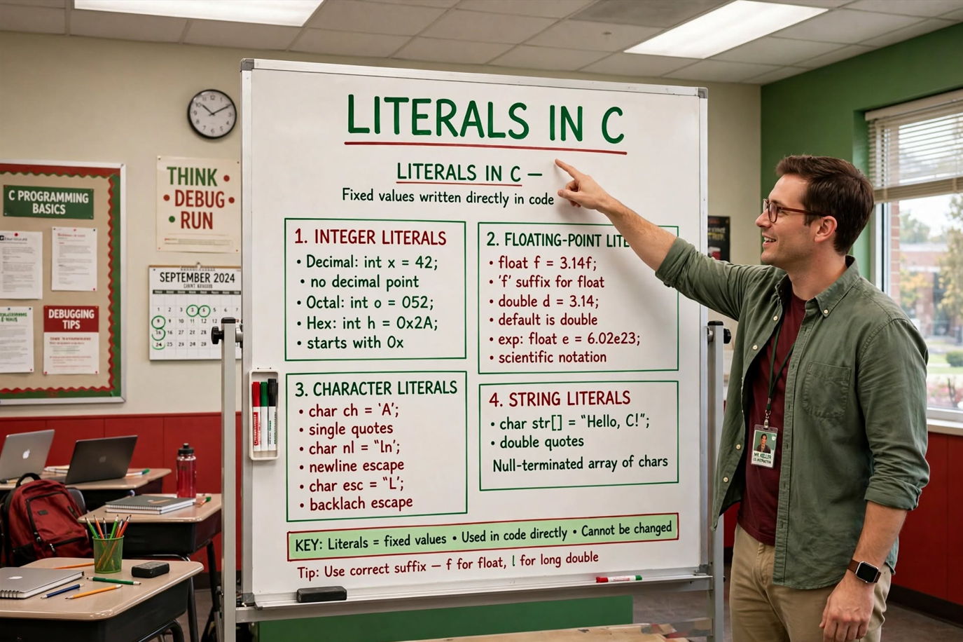 Learn C literals: integer prefixes/suffixes, floating-point notation, character escape sequences, and string literals. Master types, bases, and memory.