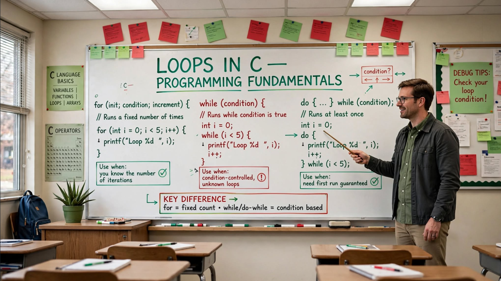 Learn C loops: for, while, do-while, nested loops, and control statements (break, continue, goto). Master iteration with examples and best practices.