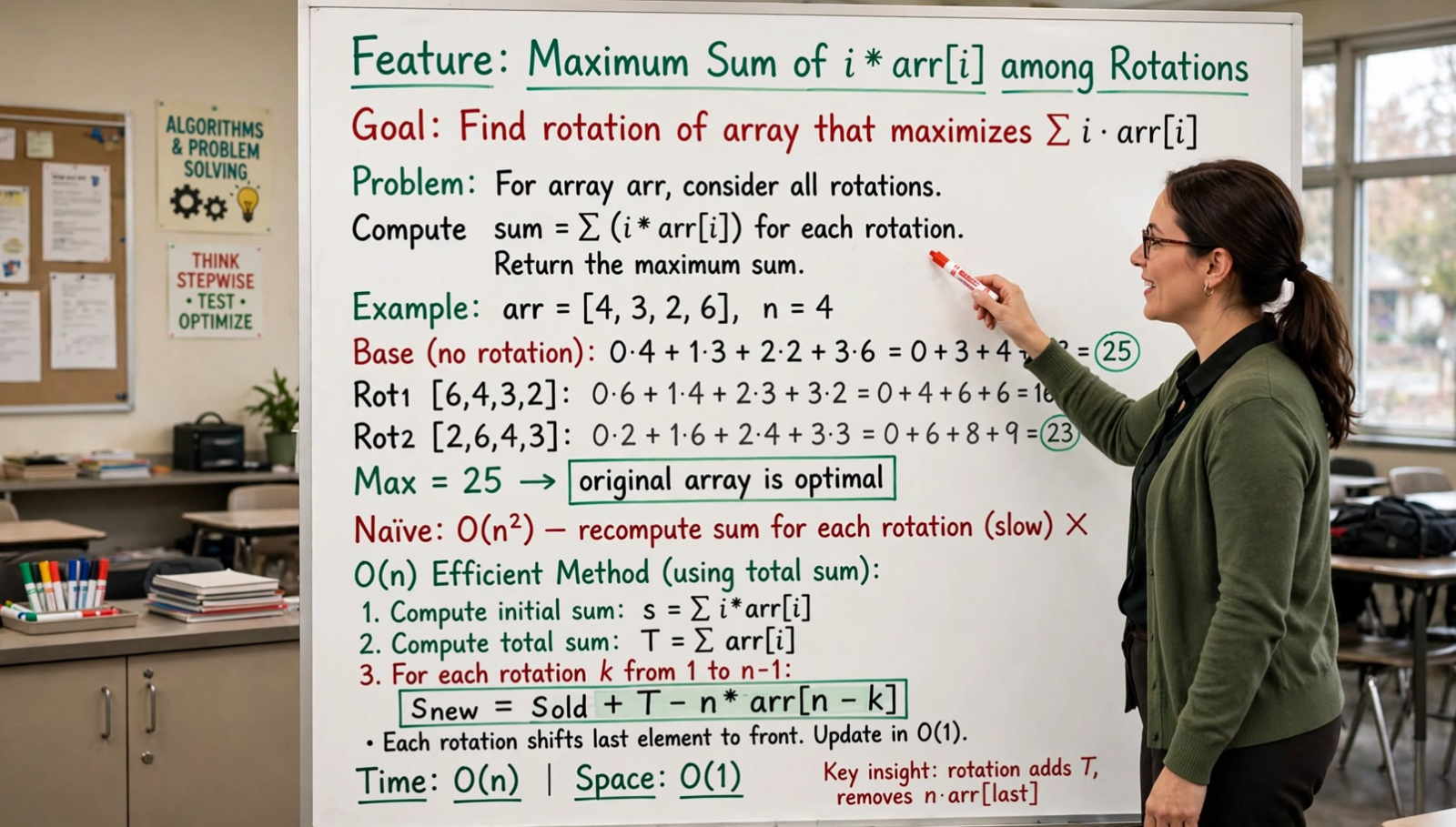 Learn to find maximum sum of i*arr[i] across all array rotations in C. Master O(n) mathematical recurrence and pivot approaches with examples.