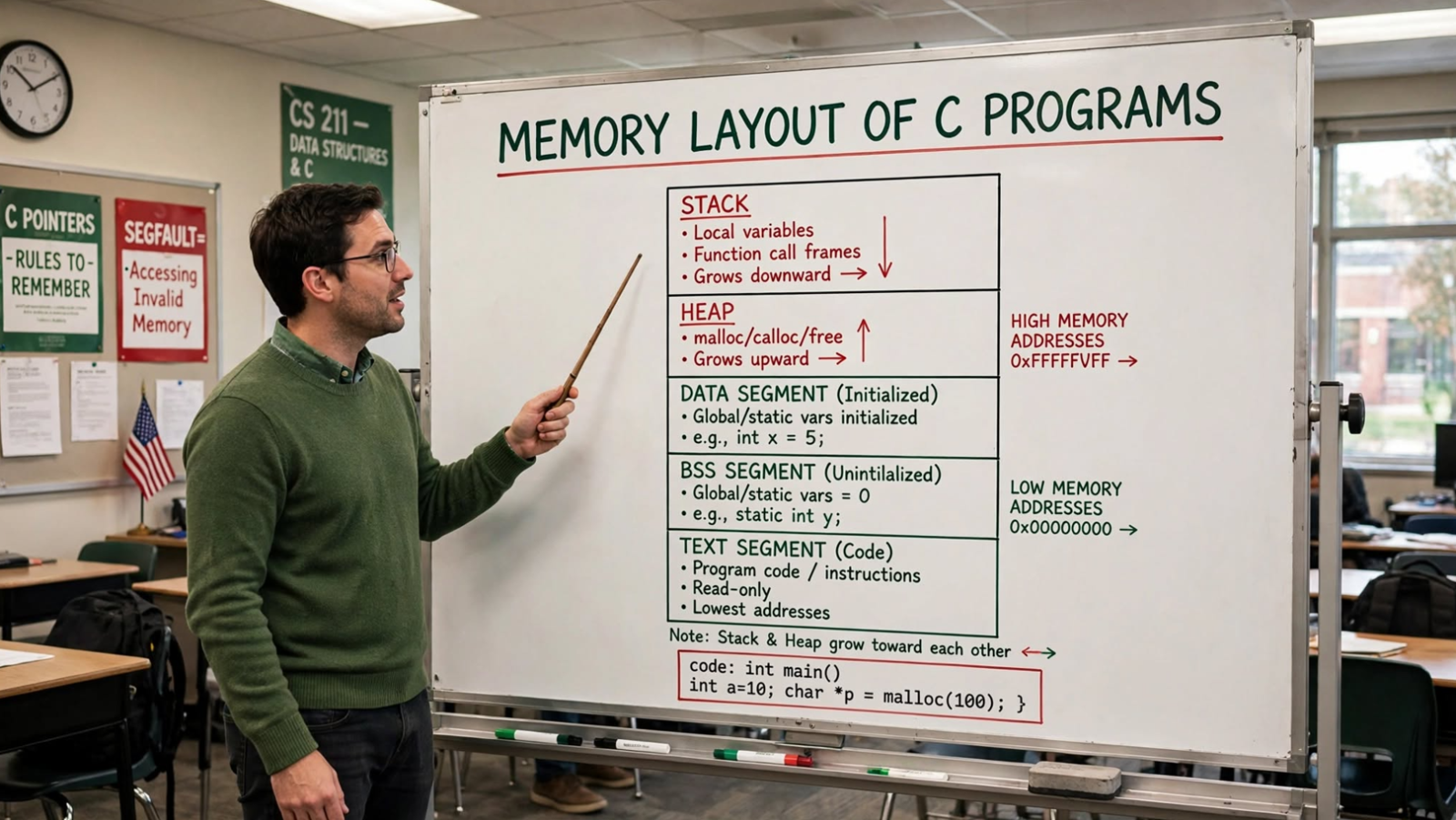 Teacher pointing to whiteboard chart about memory layout of C programs in a classroom