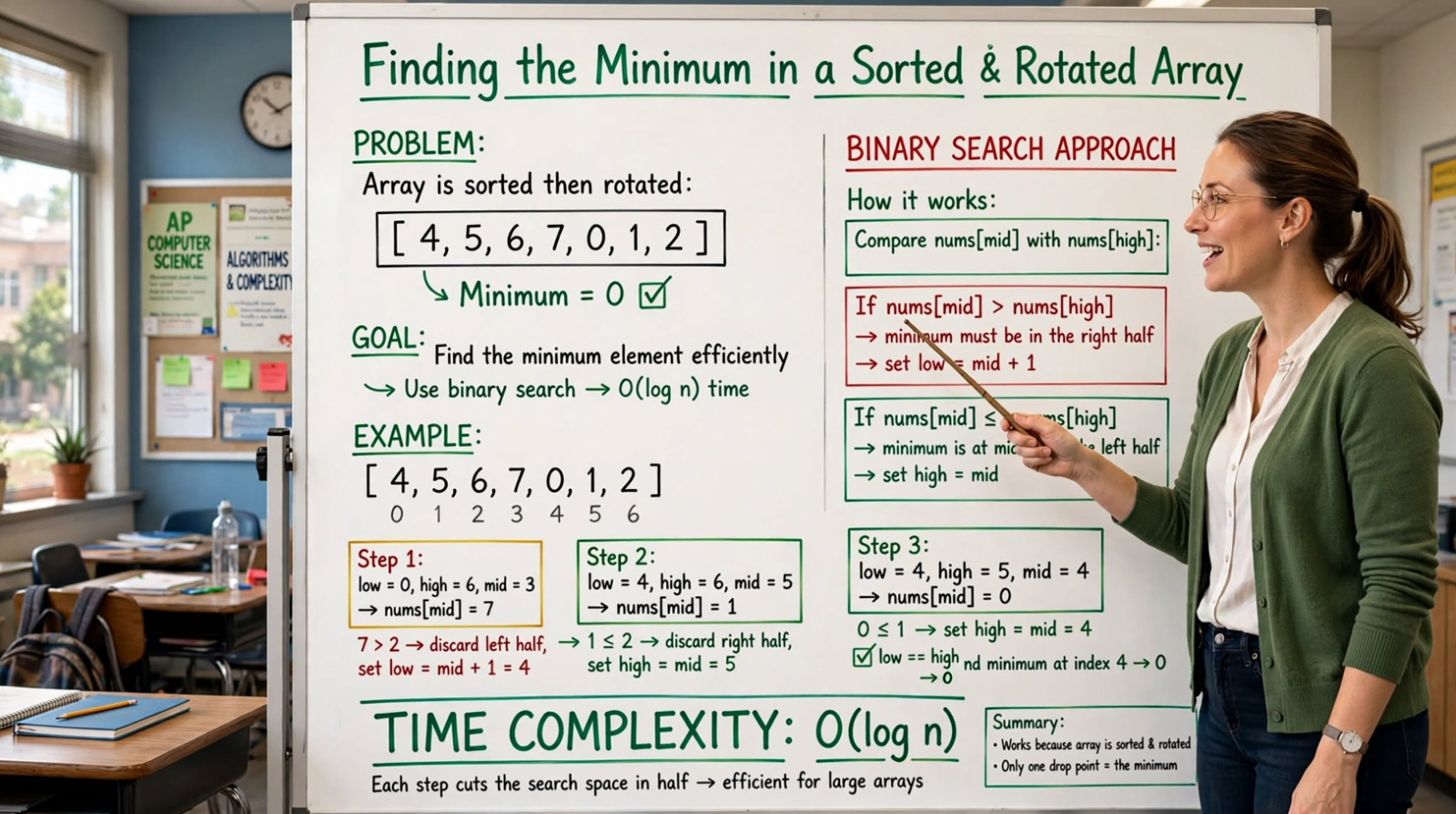 Learn to find the minimum in a sorted and rotated array in C: linear O(n) and binary search O(log n) approaches. Master rotated array algorithms.
