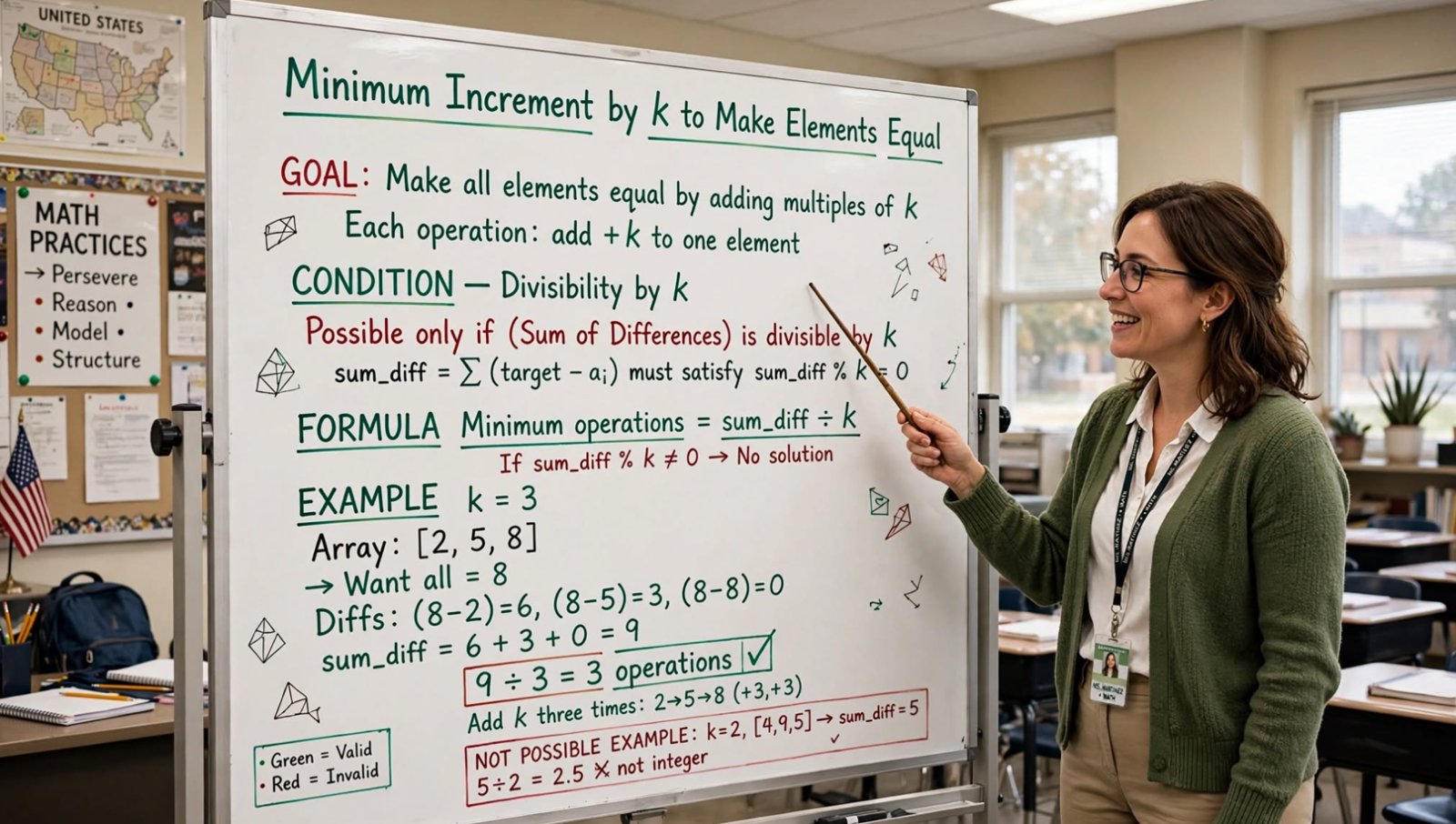 Learn to find minimum increment operations by k to make all array elements equal in C. Master O(n) greedy approach with divisibility checks.