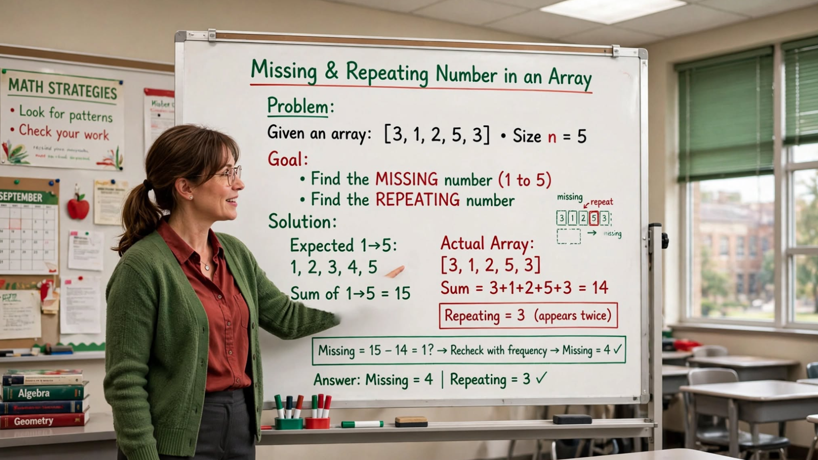 Learn to find missing and repeating numbers in an array in C: visited, marking, math equations, and XOR approaches. Master O(n) time with O(1) space.