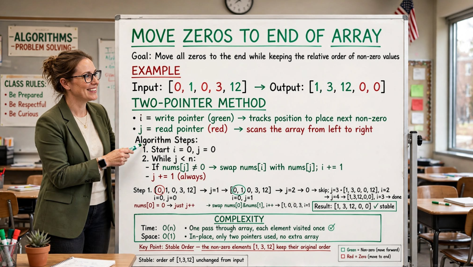 Learn to move all zeros to end of array in C: temp array, two-pass, and one-pass swap approaches. Master in-place O(n) array manipulation.