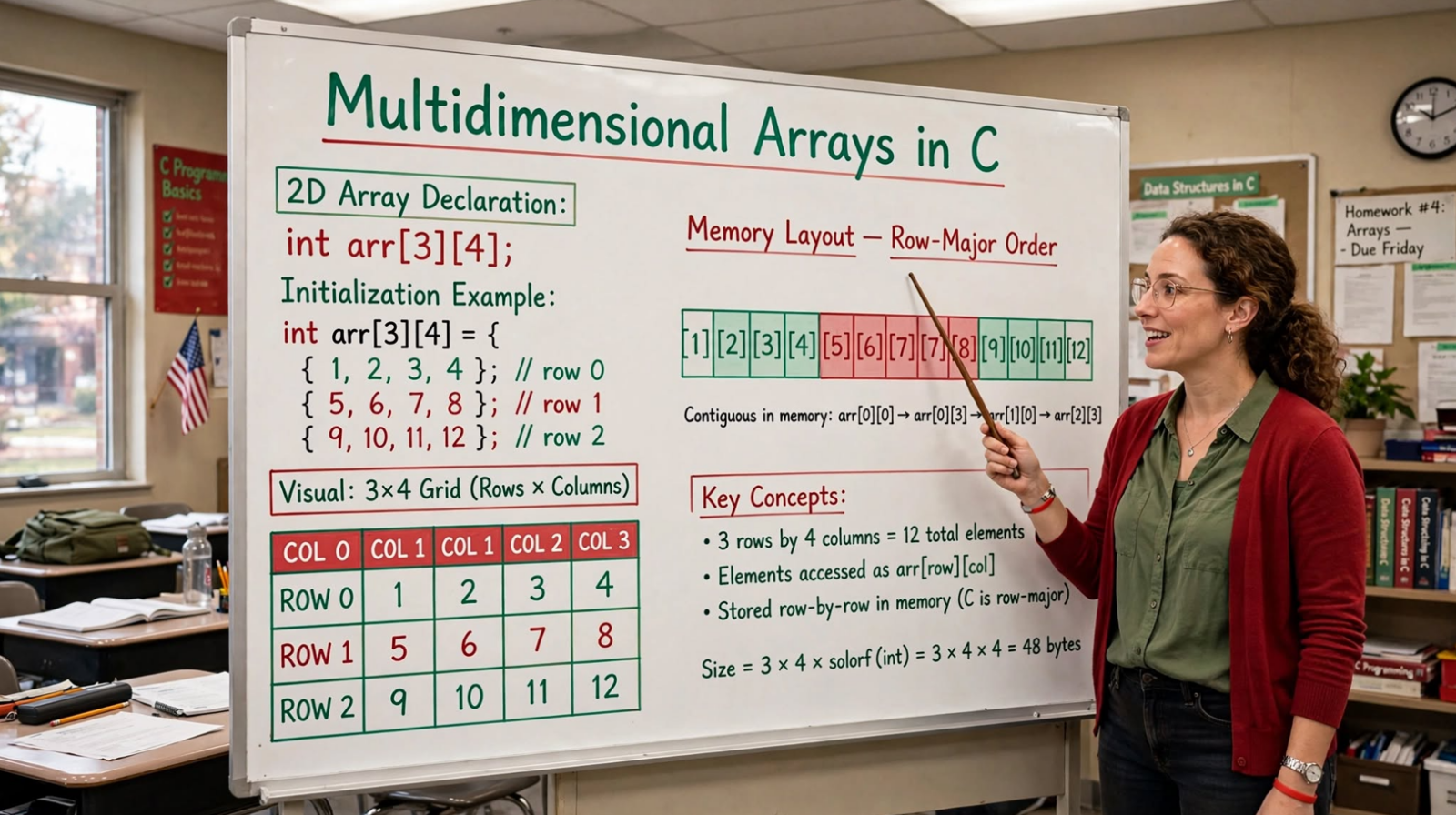 Learn C multidimensional arrays: 2D and 3D declaration, initialization, memory layout, traversal, and function passing. Master matrix and volume operations.