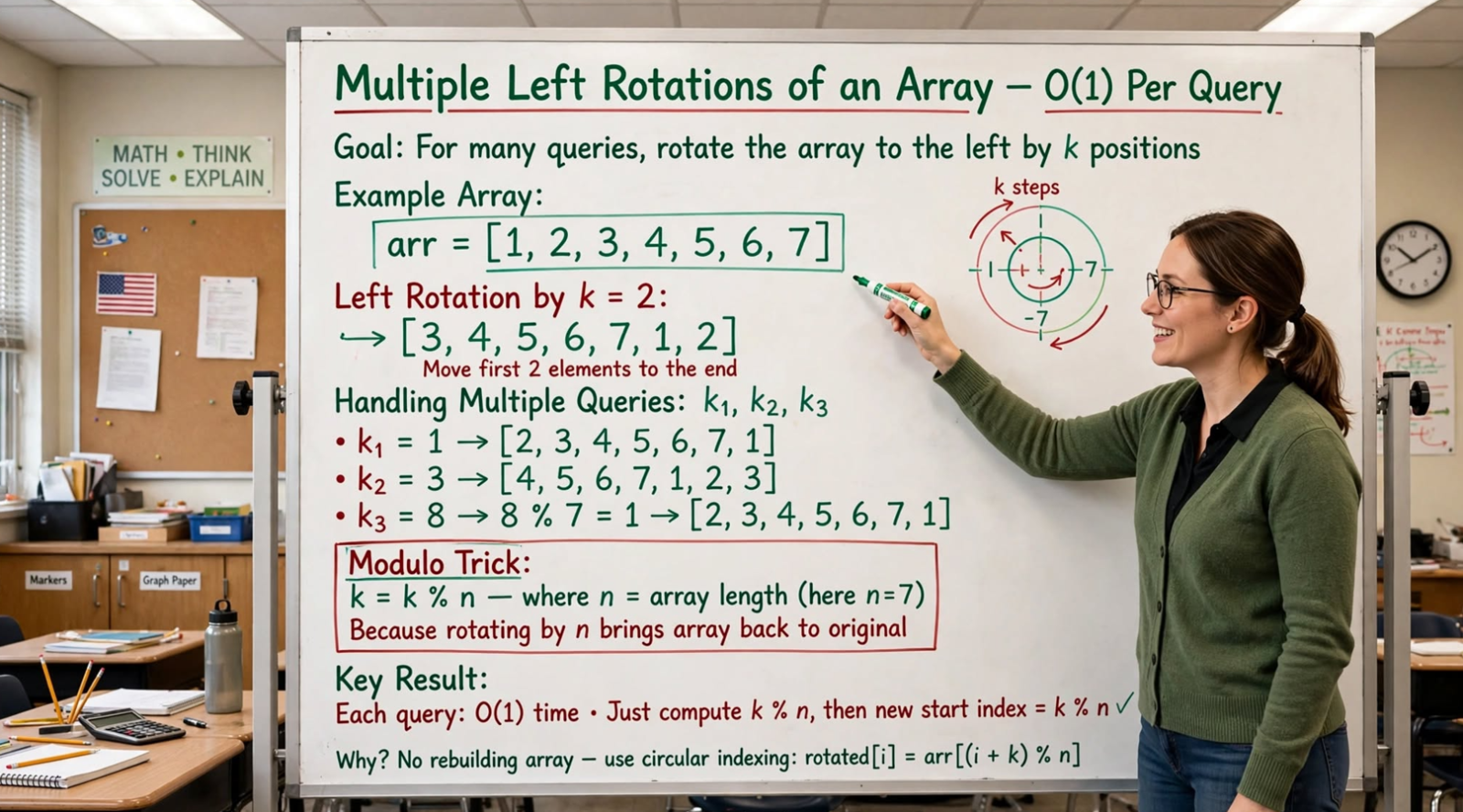 Learn to quickly find multiple left rotations of an array in C: naive, doubled array, and modular indexing approaches. Master O(n) per query rotation.
