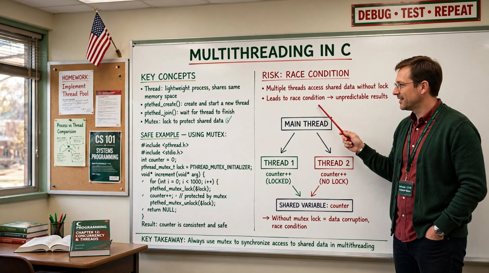 Learn C multithreading with pthreads: thread creation, joining, mutex synchronization, and common issues. Master concurrent programming.