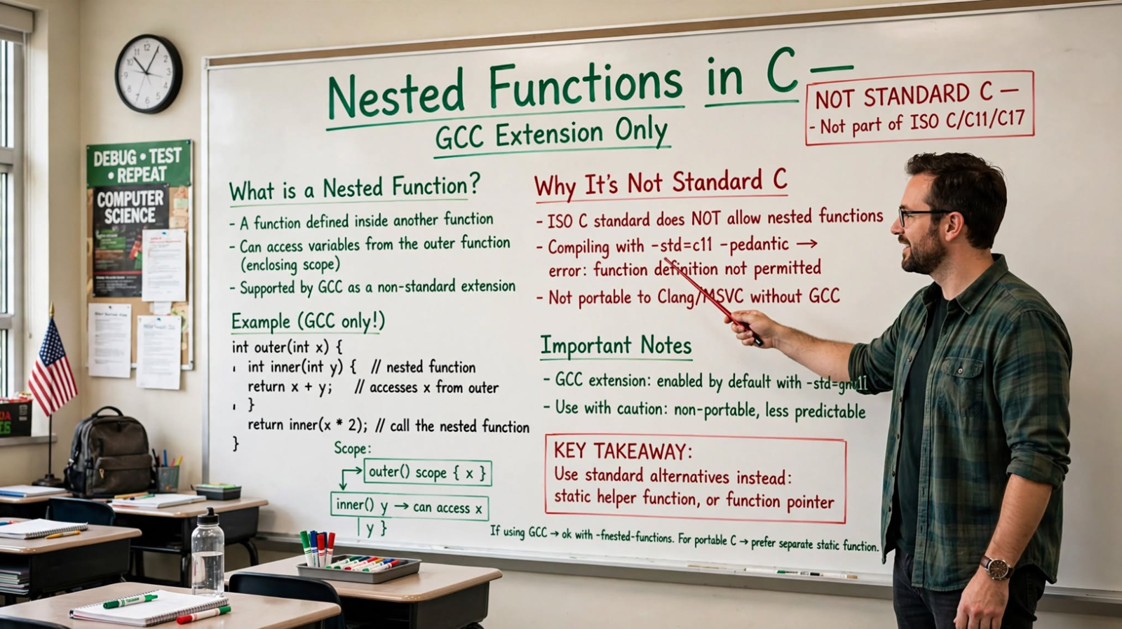 Learn about nested functions in C: standard C restrictions, GCC extension, lexical scoping, trampolines, and portable alternatives. Avoid common pitfalls.