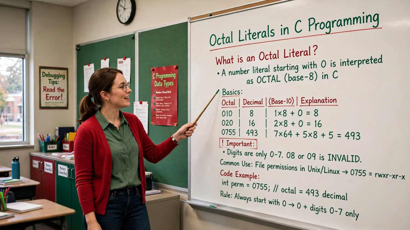 Learn octal literals in C: leading zero syntax, valid digits, conversion, printing with %o, and common pitfalls. Master base-8 integer constants in C.