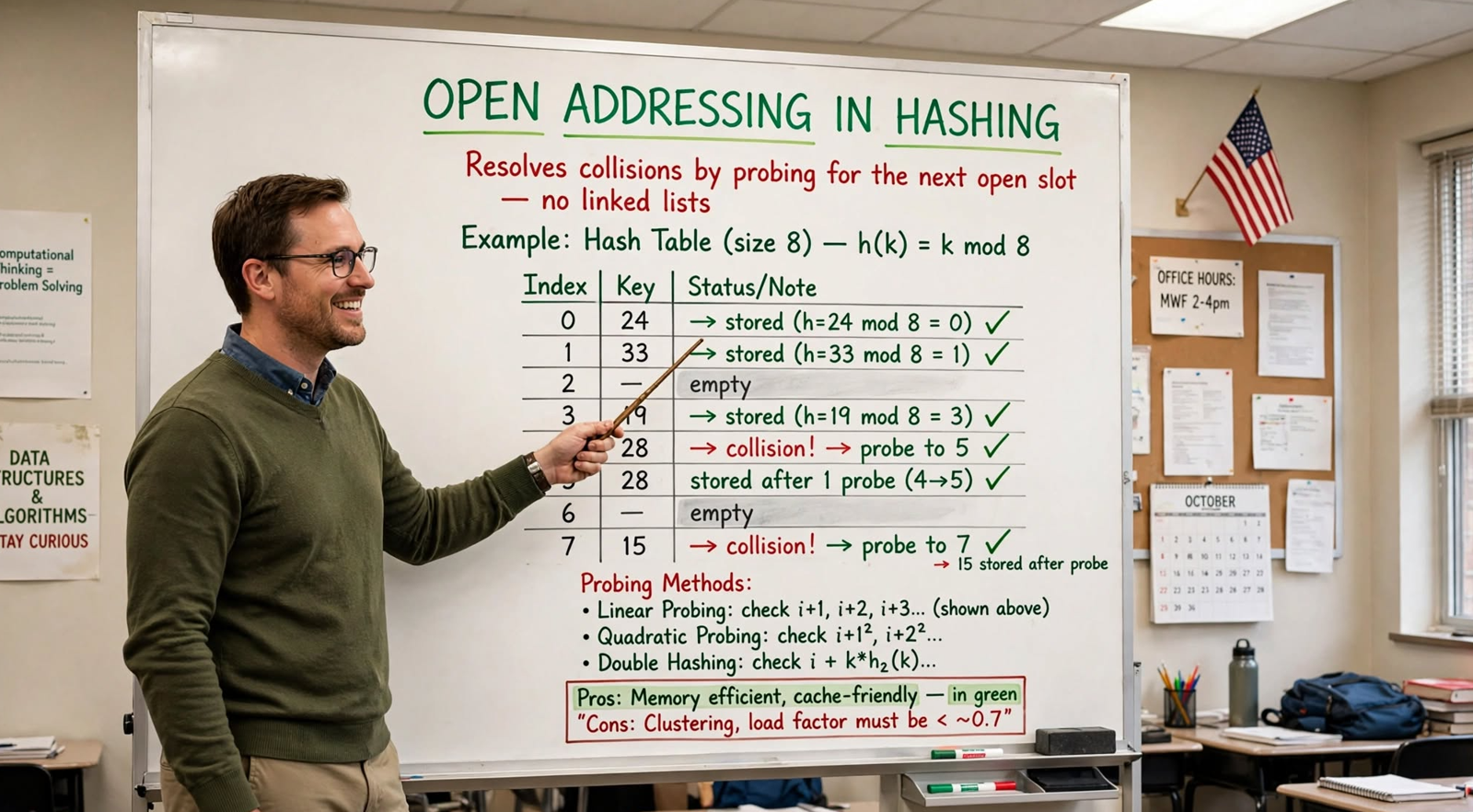 Learn open addressing in C: linear probing, quadratic probing, and double hashing. Master collision handling, tombstones, rehashing, and performance.