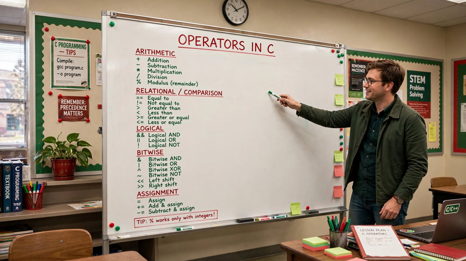 Learn C operators: arithmetic, relational, logical, bitwise, assignment, and special operators. Master precedence, associativity, and common pitfalls.