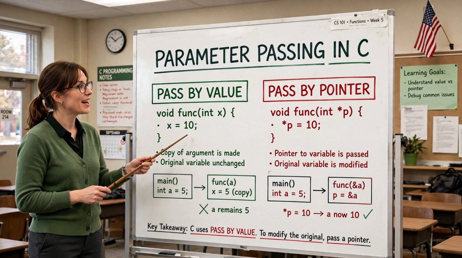 Learn C parameter passing: pass by value and pass by pointers. Master function arguments, modify originals, and avoid common pitfalls.