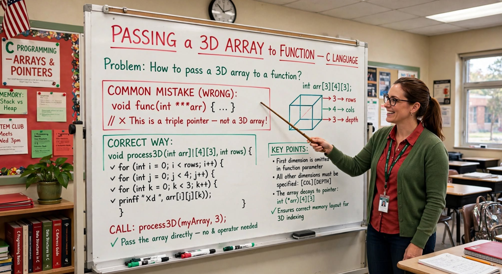 Learn to pass 3D arrays to functions in C: syntax, pointer notation, dimension handling, and memory layout. Master array decay and avoid pitfalls.