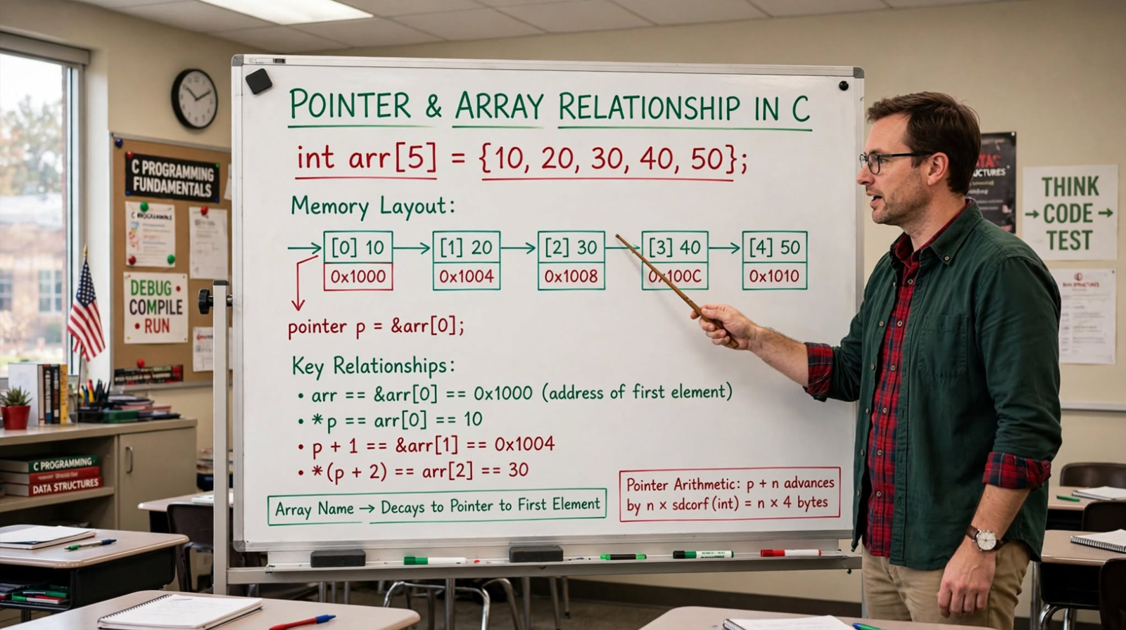Learn the relationship between pointers and arrays in C: pointer arithmetic, array decay, 2D/3D arrays, and common pitfalls. Master memory-efficient array access.