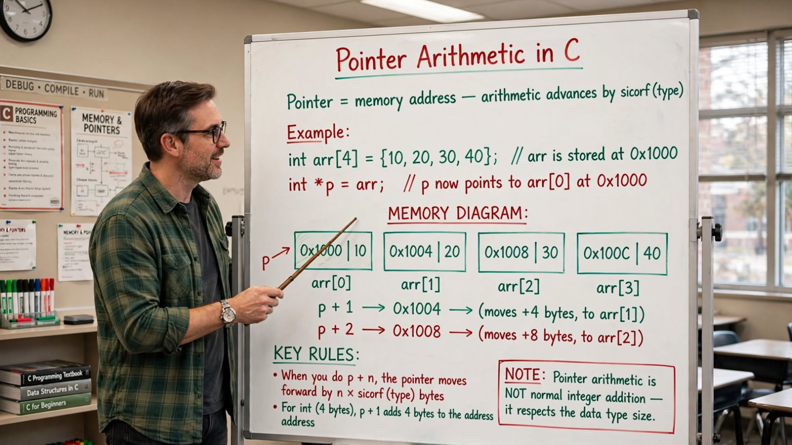 Learn C pointer arithmetic: increment, decrement, addition, subtraction, pointer difference, and comparison. Master efficient array traversal.