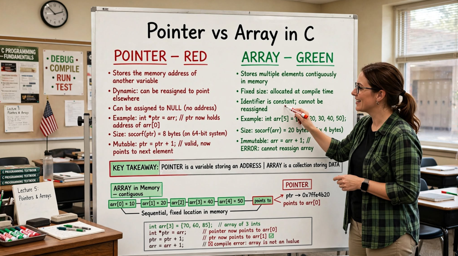 Learn the differences between pointers and arrays in C: sizeof, address-of, assignment, arithmetic, and string initialization. Master memory management.