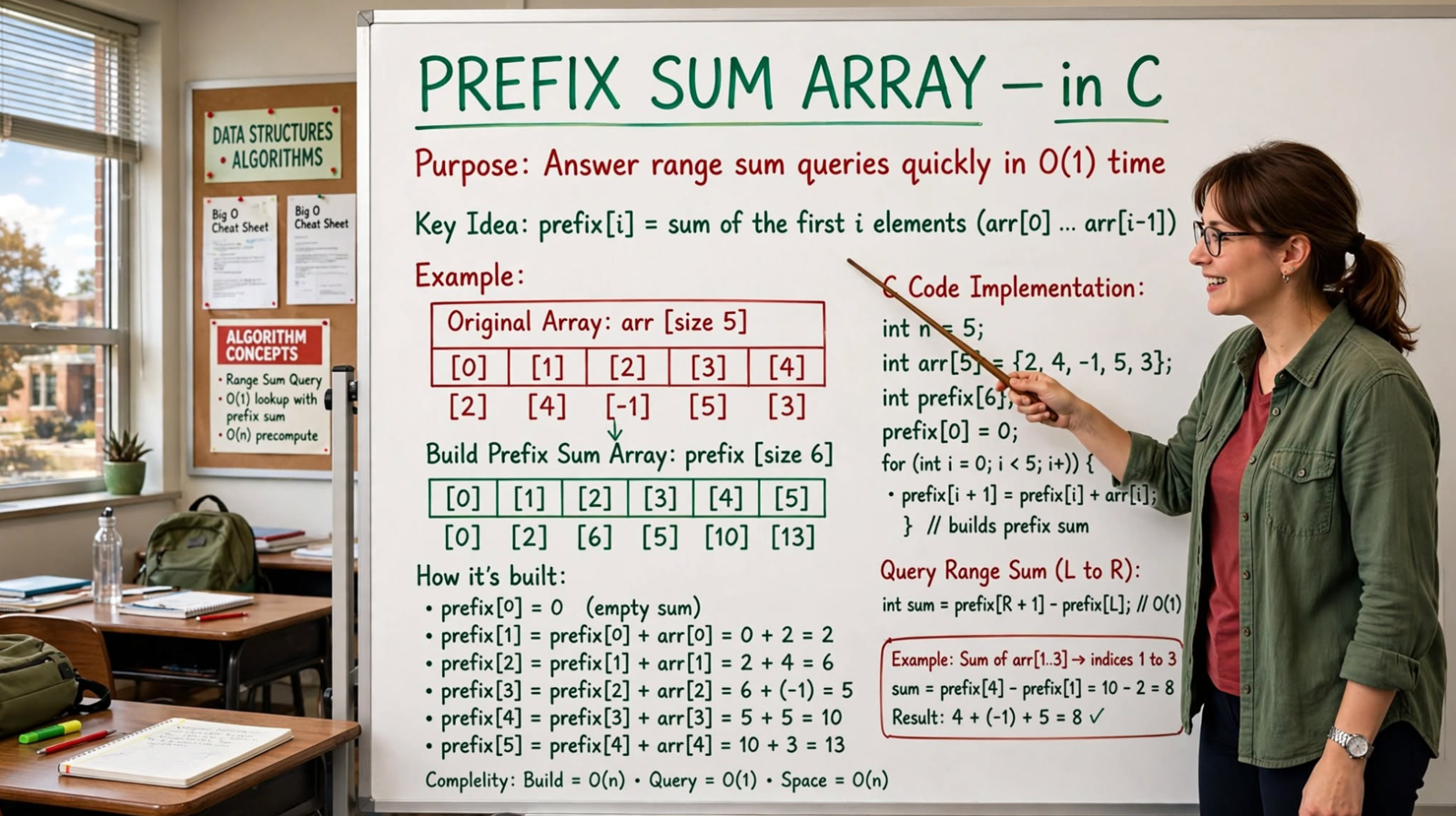 Learn to implement prefix sum arrays in C: 1D, 1-indexed, and 2D prefix sums. Master O(1) range-sum queries with practical examples.