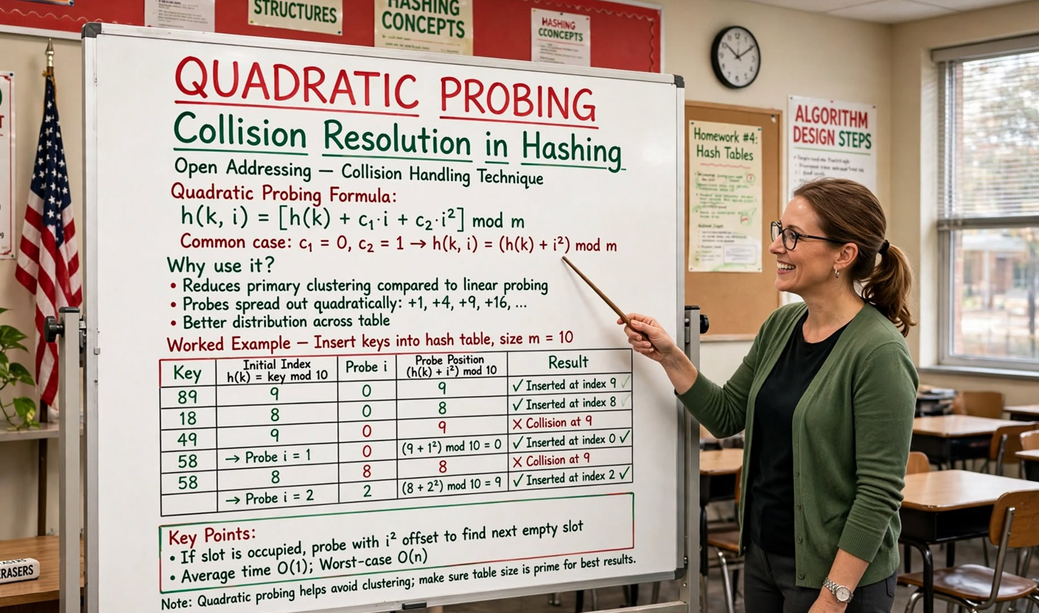 Learn quadratic probing in C hash tables: standard and modified probe sequences, full utilization formula, and implementation with insert/search/delete.