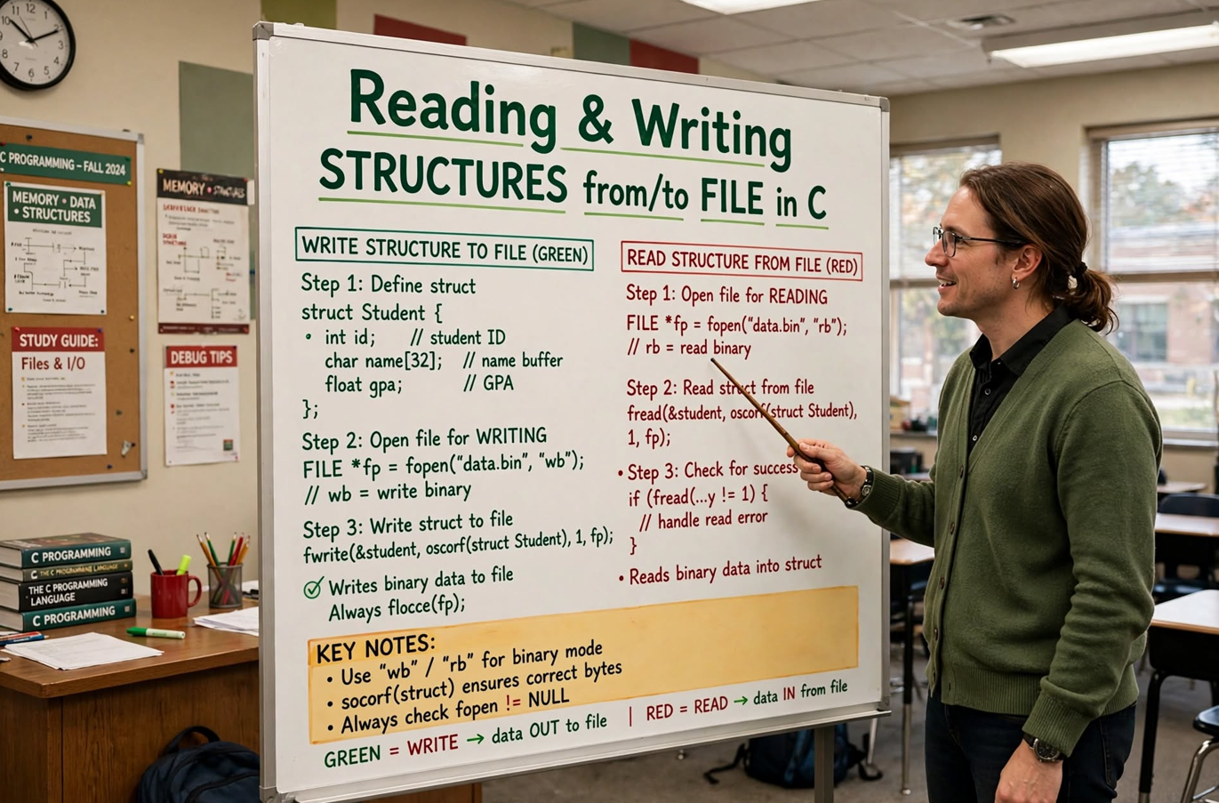 Learn to read and write structures in C using fwrite and fread. Master binary file handling with error checking and practical examples.