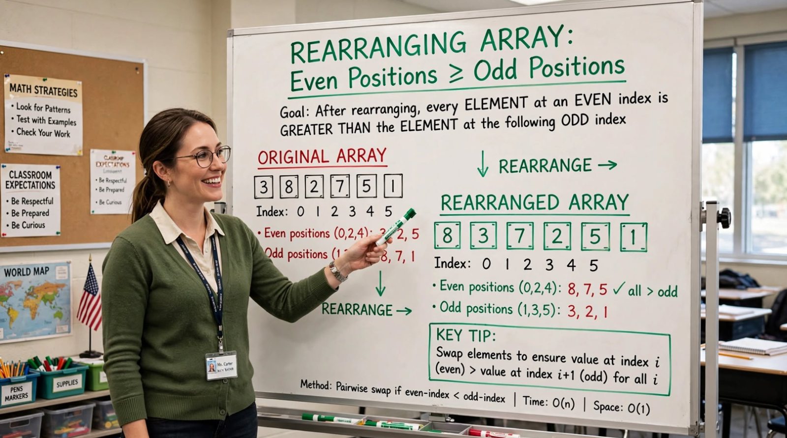 Learn to rearrange an array so even positions are greater than odd in C. Master O(n) single-pass swap and O(n log n) sort approaches.