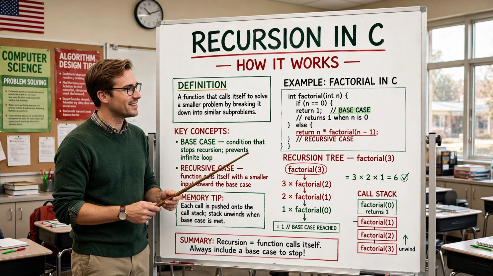 Learn C recursion: base cases, call stack, memory management, tree recursion, Tower of Hanoi, and stack overflow. Master recursive programming in C.