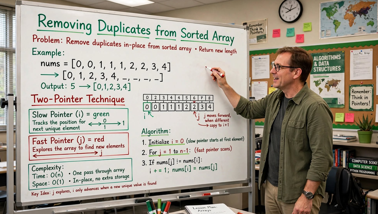 Learn to remove duplicates from sorted arrays using two-pointer technique O(n) time O(1) space. Master in-place array manipulation in C.