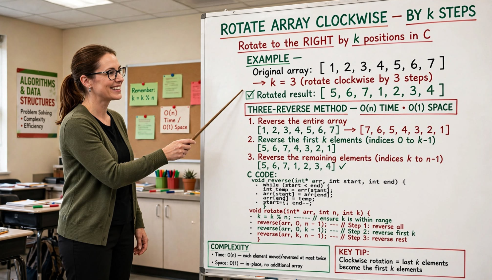Learn to right rotate an array in C: one-by-one, temporary array, juggling, and reversal algorithms. Master O(n) in-place rotation techniques.