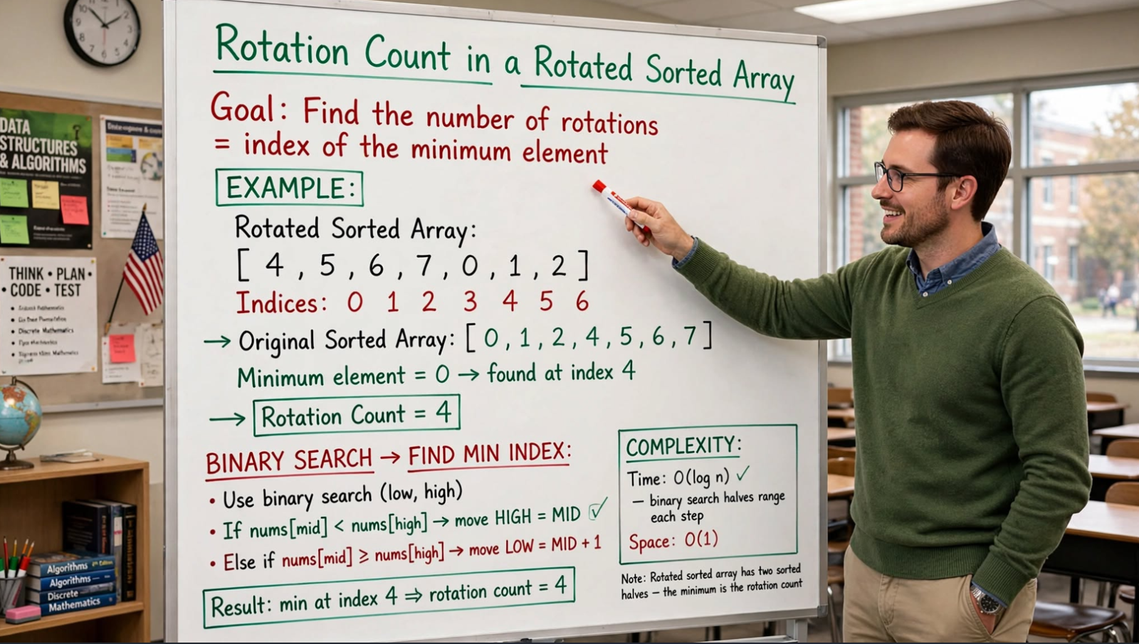 Learn to find rotation count in a right-rotated sorted array in C: naive O(n) and binary search O(log n) approaches. Master rotated array algorithms.