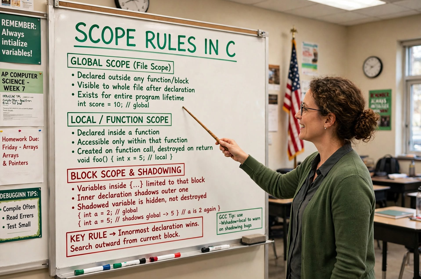 Learn C scope rules: global scope, local scope, block nesting, shadowing, and linkage. Master visibility and lifetime of variables in C programming.