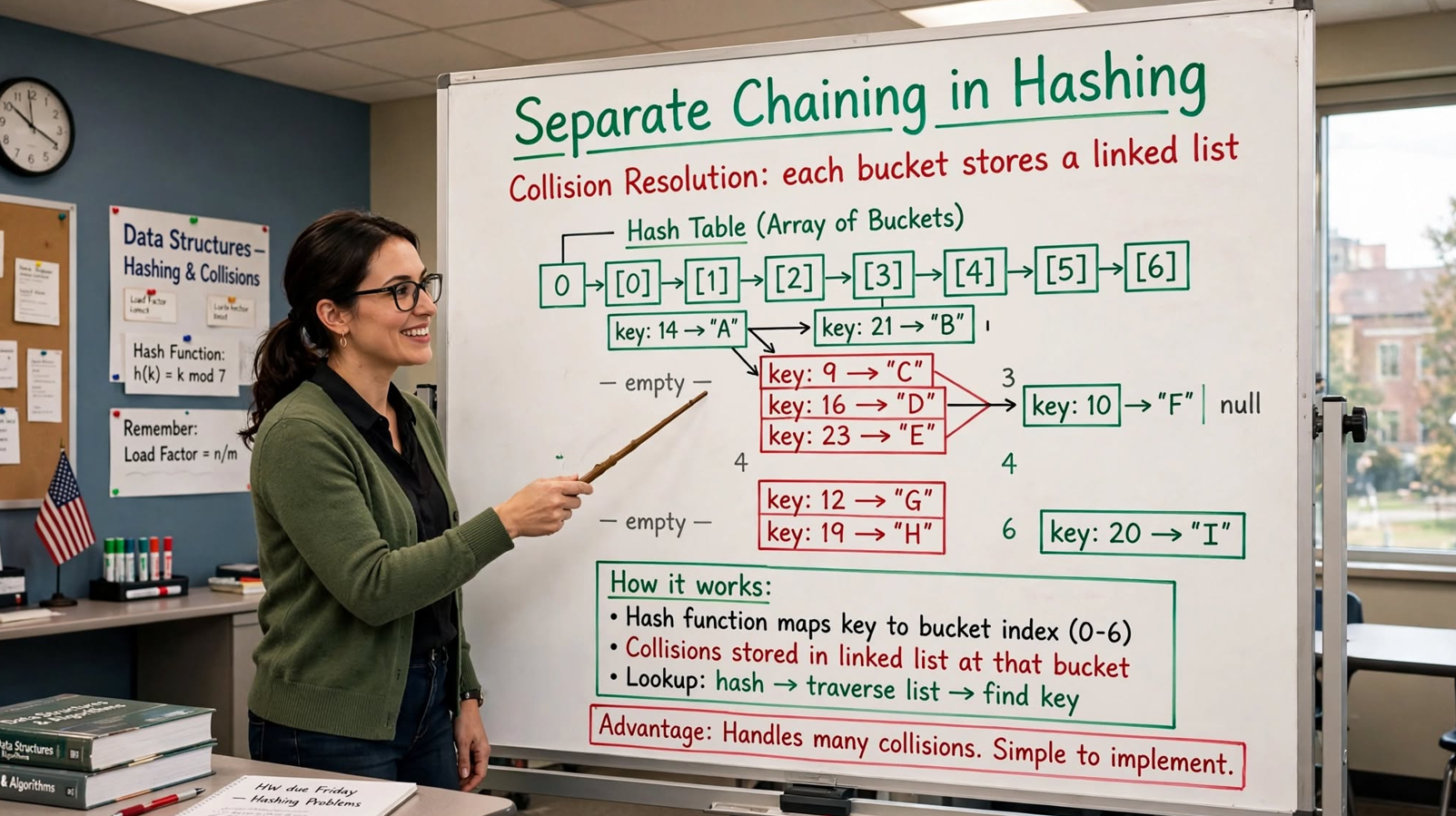 Learn separate chaining in C hashing: linked list buckets, insert/search/delete, rehashing, performance analysis, and implementation.