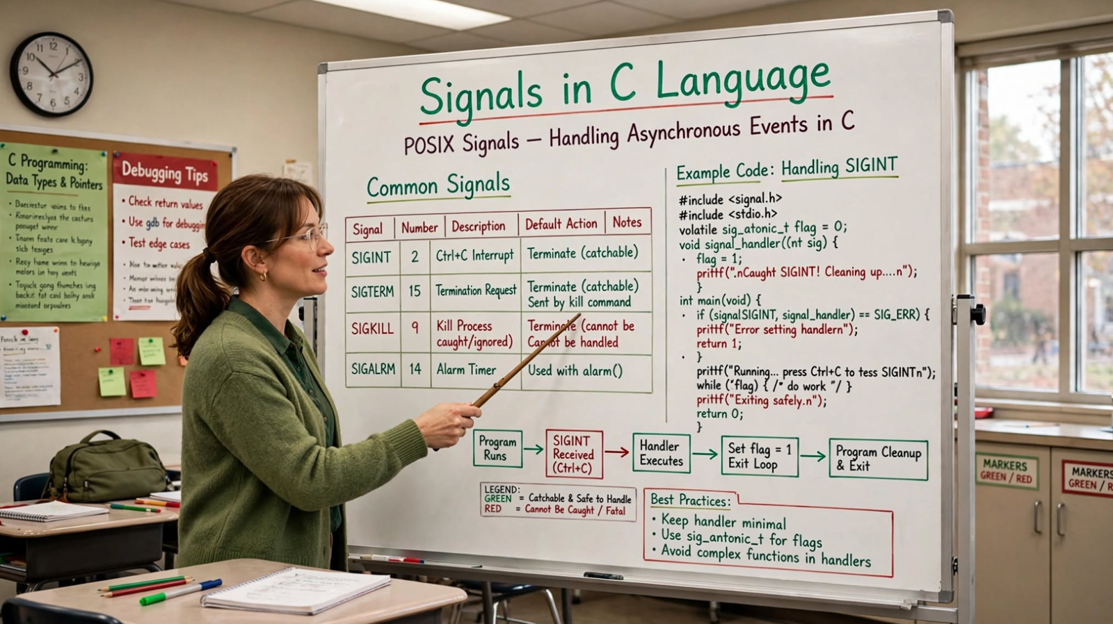 Learn C signals: signal handling, raise, kill, signal types, and custom handlers. Master asynchronous event handling in C.