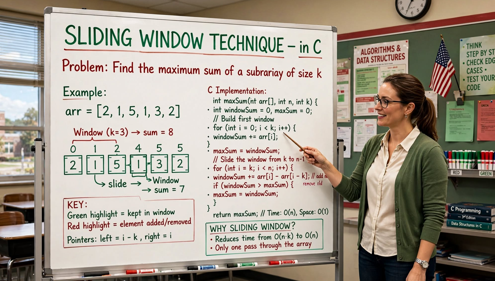Learn the Sliding Window Technique in C: fixed and variable-size windows, max/min subarray sums, longest unique substring, and more with code.
