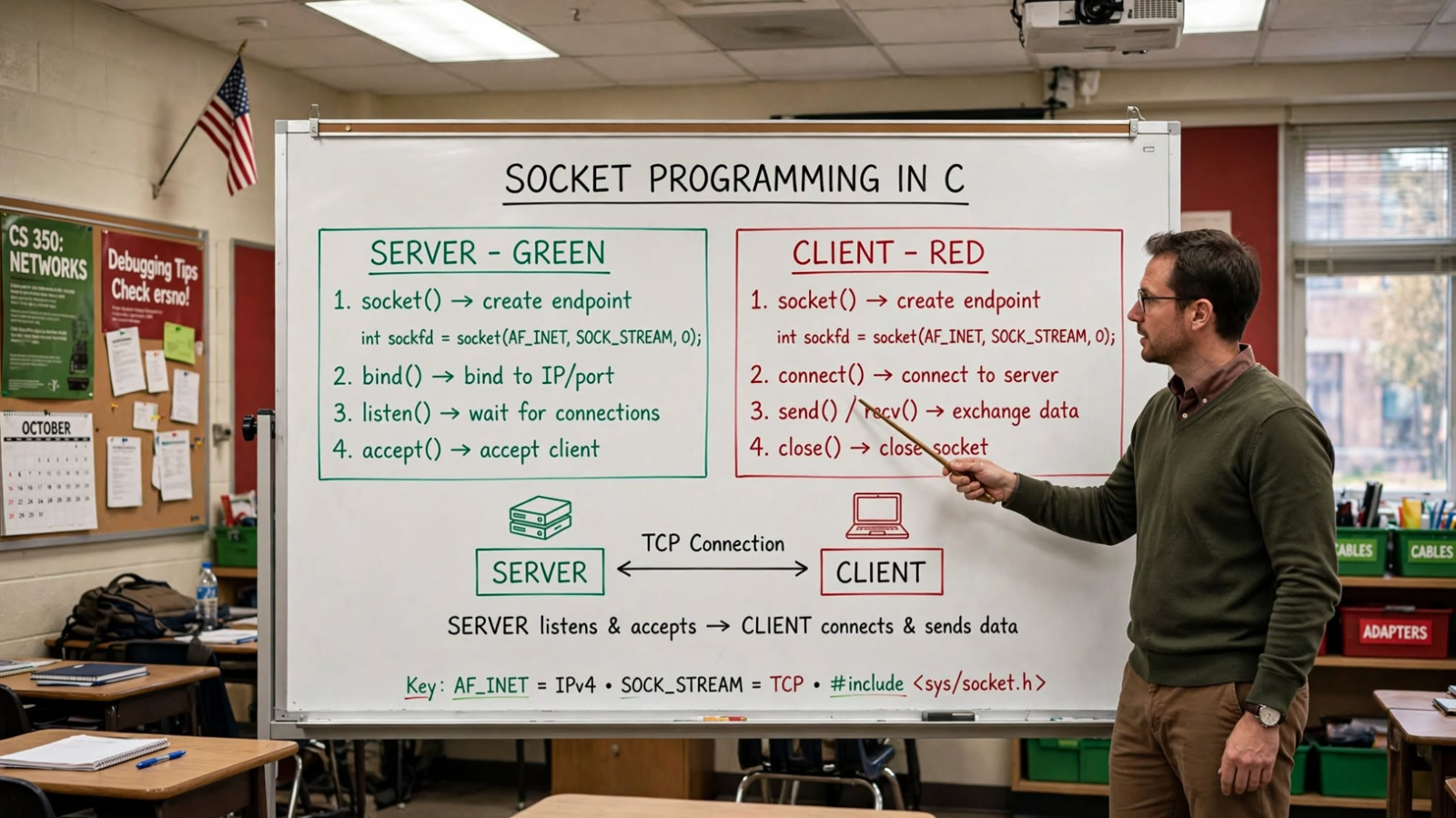 Learn C socket programming: server and client implementation, TCP/UDP sockets, and the client-server model. Master network communication.