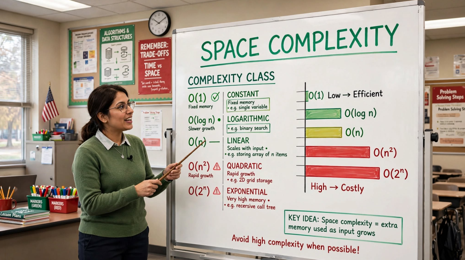 Learn space complexity: auxiliary space, recursive stack space, and memory analysis. Master algorithm memory efficiency.