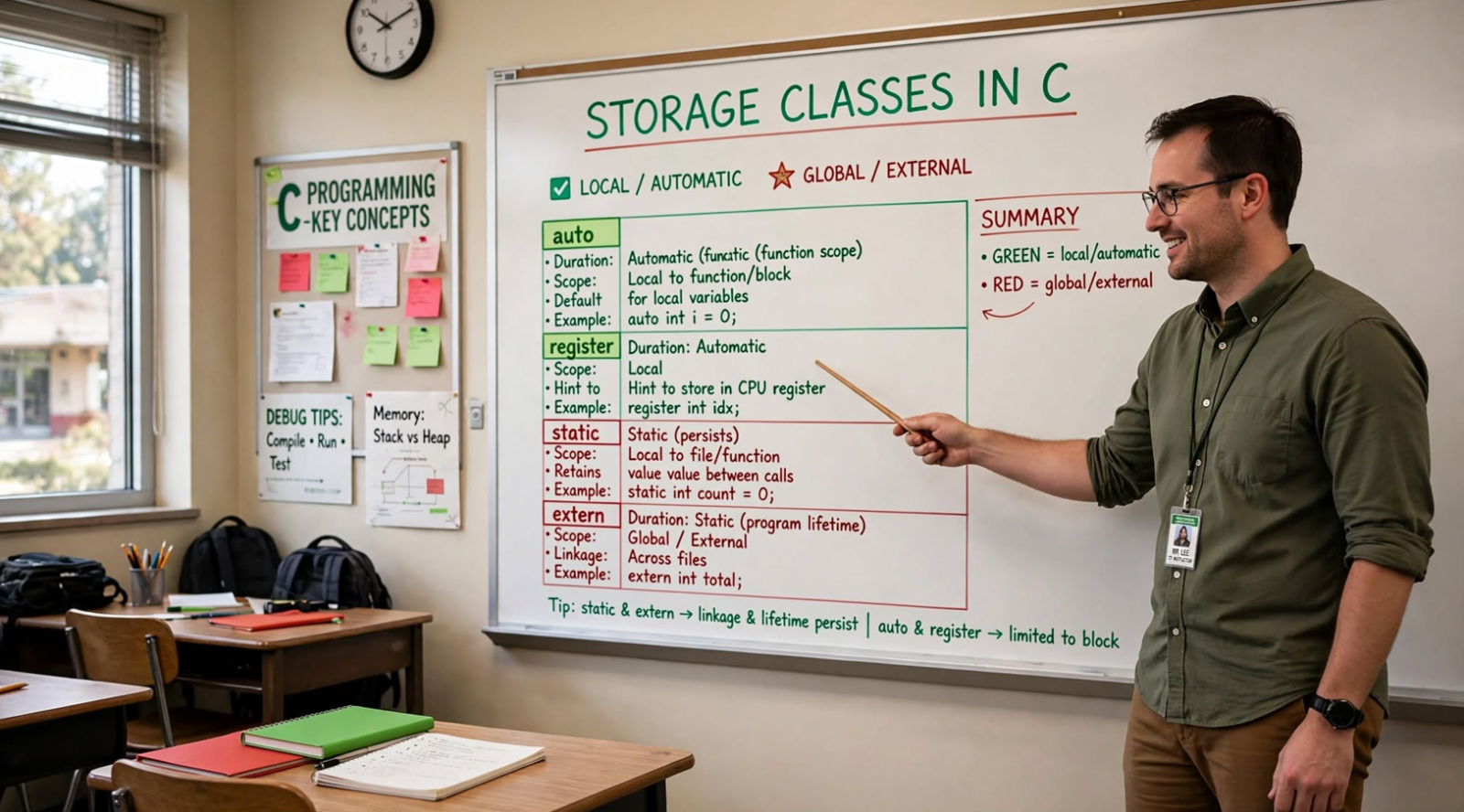 Learn C storage classes: auto, static, register, and extern. Master variable lifetime, scope, and memory management with practical examples.