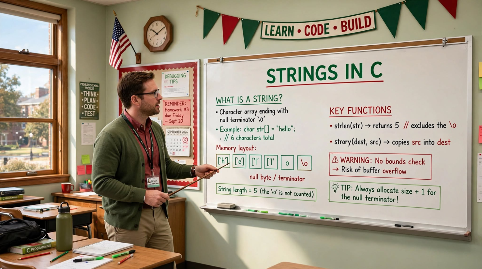 Learn C strings: declaration, initialization, string functions, fgets input, pointers, and string literals. Master safe string handling and avoid pitfalls.