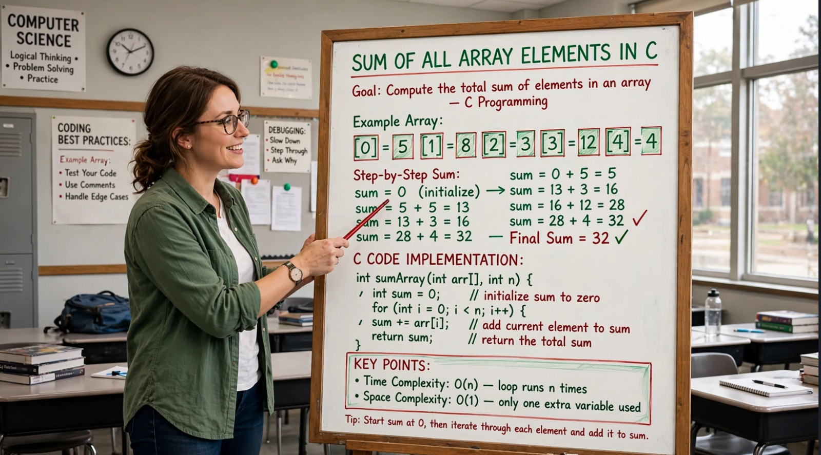 Learn to sum array elements in C: for loop, while loop, pointer-based, recursive, and overflow-safe approaches. Master array summation with examples.