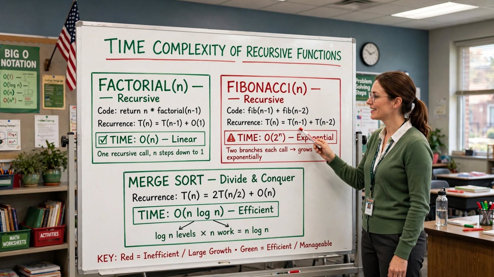 Learn recursive time complexity: recurrence relations, Master Theorem, and analysis of factorial, binary search, Fibonacci, and merge sort.