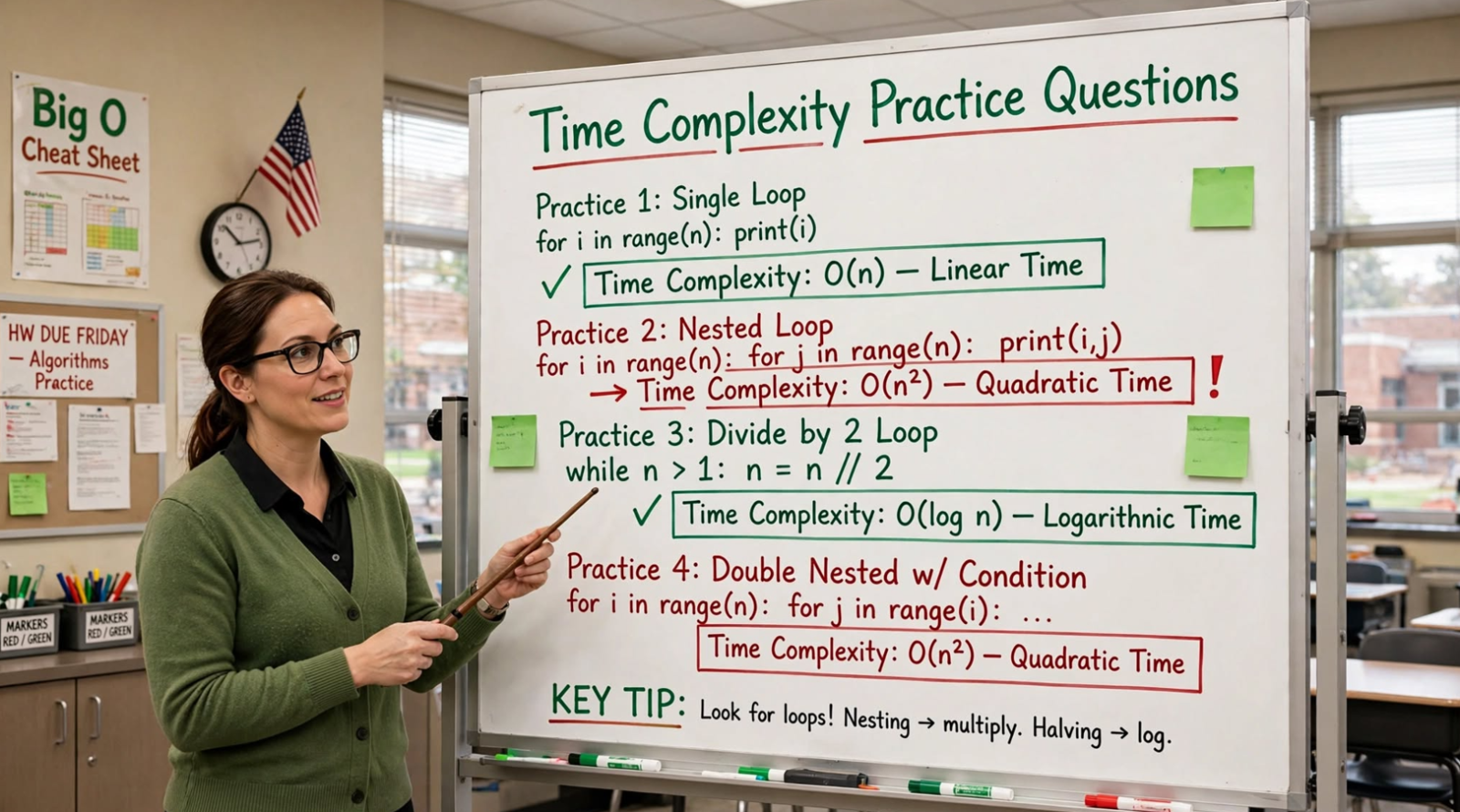 Master time complexity analysis with practice questions: consecutive loops, nested loops, logarithmic loops, and operation counting