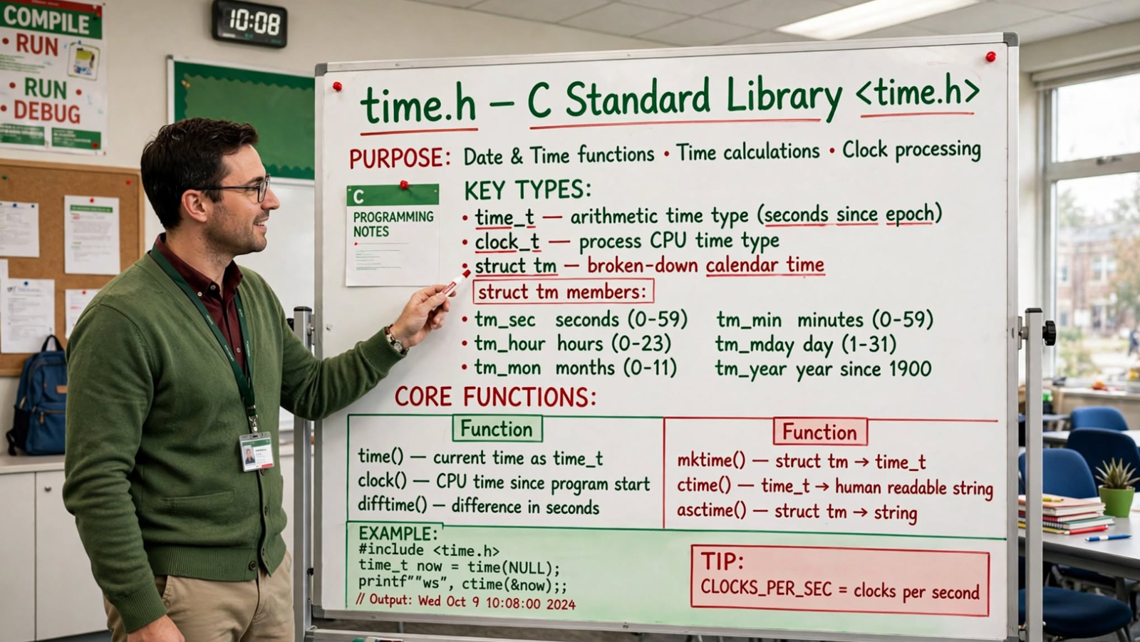 Learn C time.h: time, localtime, gmtime, asctime, strftime, clock, and difftime. Master date/time manipulation with examples.
