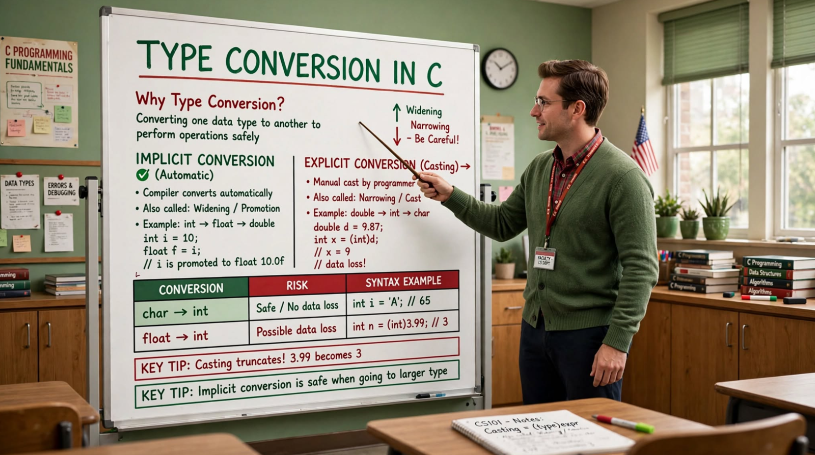 Learn C type conversion: implicit conversion, explicit casting, integer promotion, and arithmetic conversions. Avoid data loss and common pitfalls.
