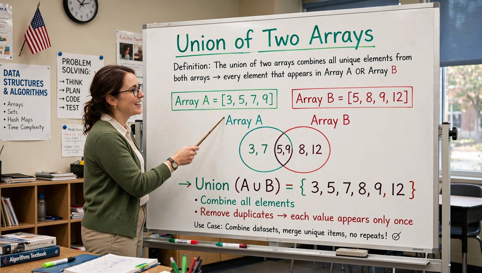 Learn to compute the union of two arrays in C: naive O((n+m)²) and hash set O(n+m) approaches with complete code examples and edge cases.