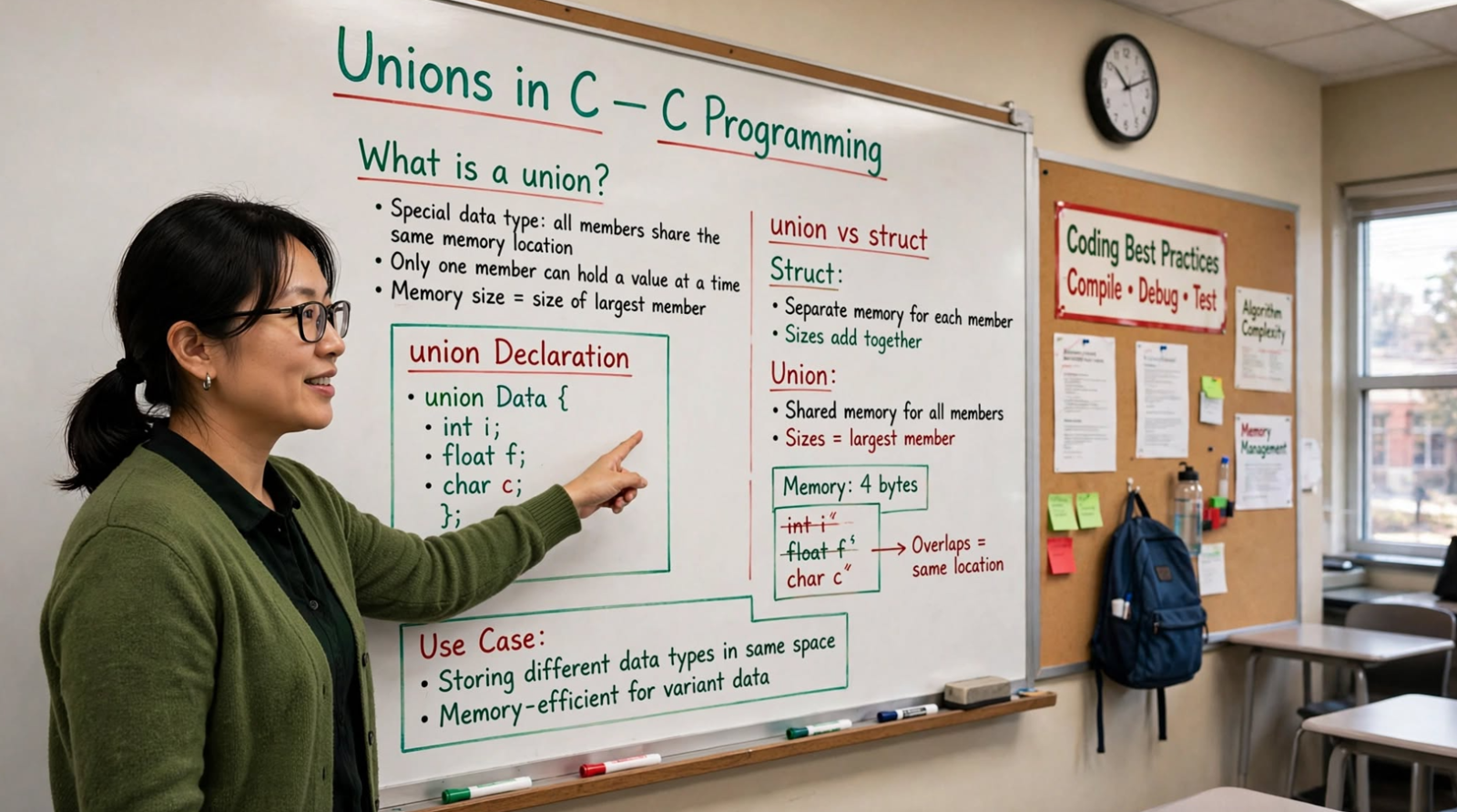 Learn C unions: declaration, size, initialization, nested unions, anonymous unions, and type punning. Master memory-efficient data storage