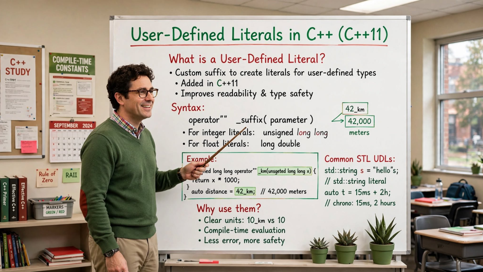 Learn C++ user-defined literals: syntax, parameter types, constexpr UDLs, unit conversions, and standard library suffixes. Improve readability and safety.
